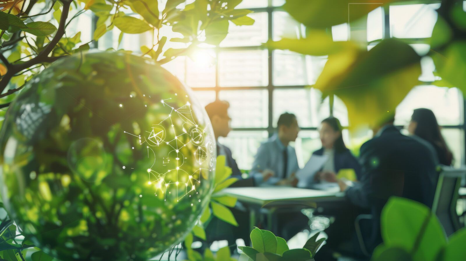 A glass sphere floating among green foliage, colleagues meeting in a sunlit office behind it
