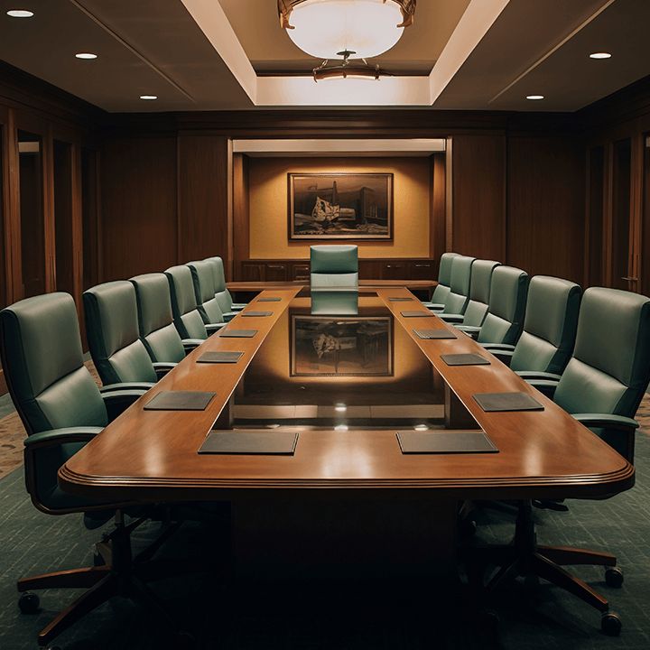 A long, empty boardroom table in a wood-panelled room, ringed with green leather chairs